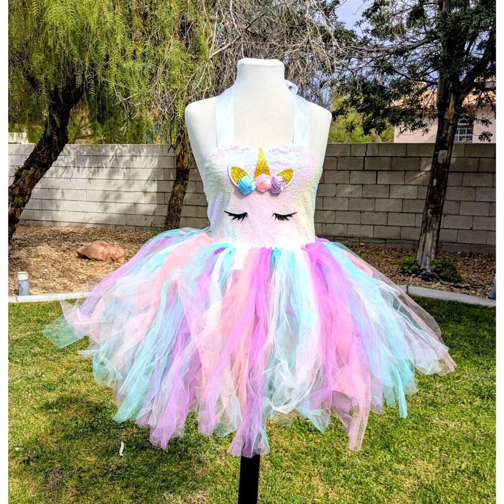 Unicorn Rainbow Tutu Dress Girls Birthday Party Cosplay Princess Costume EUC